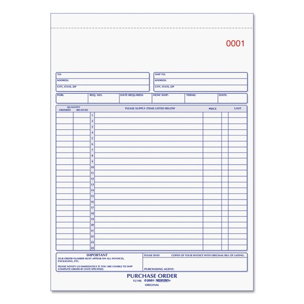 Rediform Purchase Order Book, 8 1/2x11, Letter, Two-Part Carbonless, 50 Sets 1L146